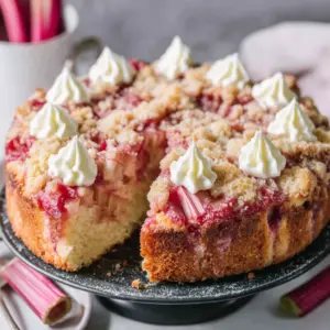 Unwiderstehlicher Rhabarberkuchen mit Vanillecreme und Streuseln – einfaches Rezept für den Frühling!