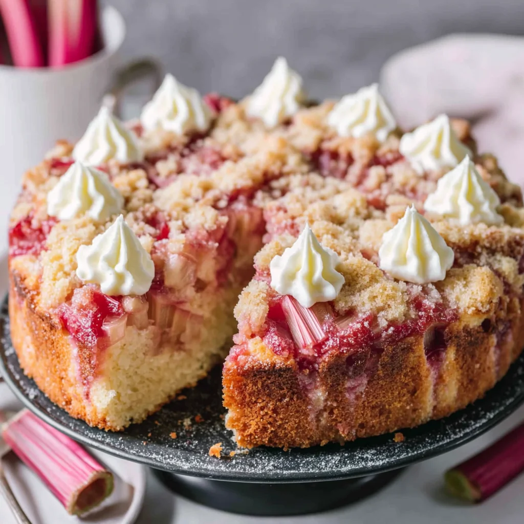 Unwiderstehlicher Rhabarberkuchen mit Vanillecreme und Streuseln – einfaches Rezept für den Frühling!