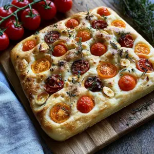Köstliche Focaccia mit Tomaten, Knoblauch und Thymian – einfaches Rezept für den perfekten Snack!