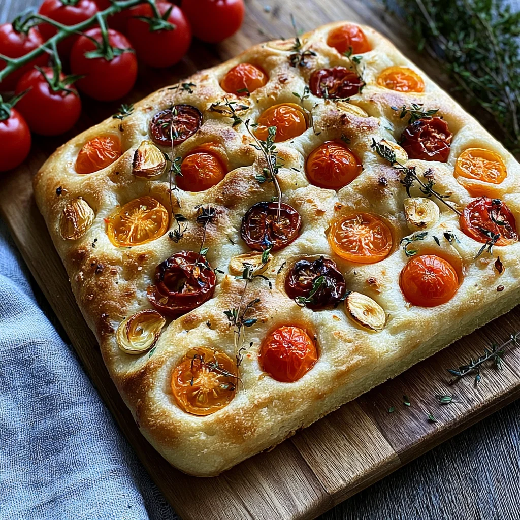 Köstliche Focaccia mit Tomaten, Knoblauch und Thymian – einfaches Rezept für den perfekten Snack!