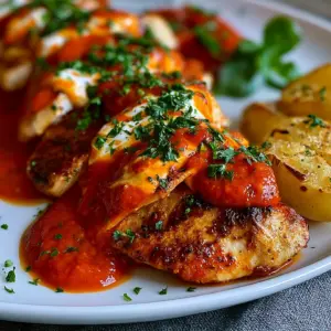 Saftige Hähnchenfilets mit cremiger Ajvar-Schmandsauce – einfaches Rezept für ein schnelles Abendessen!