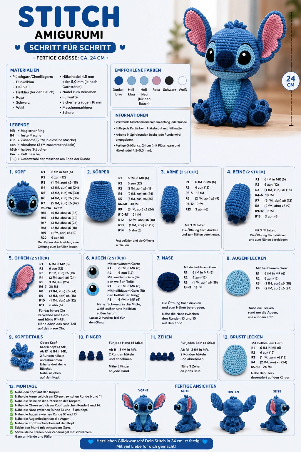 Stitch Amigurumi häkeln – Schritt-für-Schritt-Anleitung für eine 24 cm große Häkel-Figur